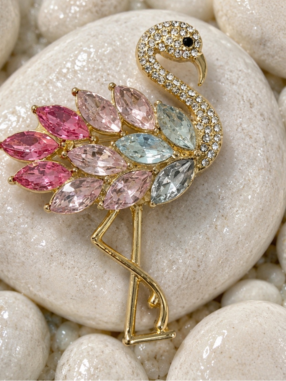 Gold Flamingo Brooch with Pink, Light Blue and Clear Crystals